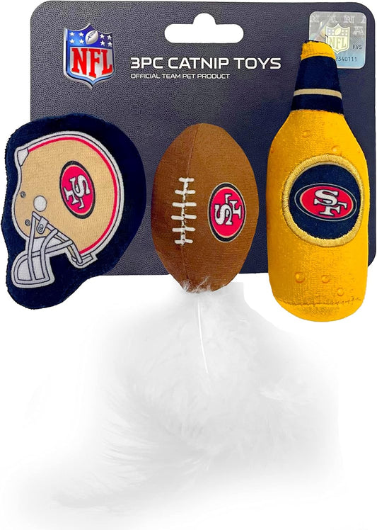 BEST PLUSH CAT TOY NFL SAN FRANCISCO 49ERS Complete Set of 3 piece Cat Toys filled with Fresh Catnip. Includes: 1 Helmet Cat Toy, 1 Football Cat Toy with Feathers & 1 Beer Bottle. Beautiful Team LOGOS