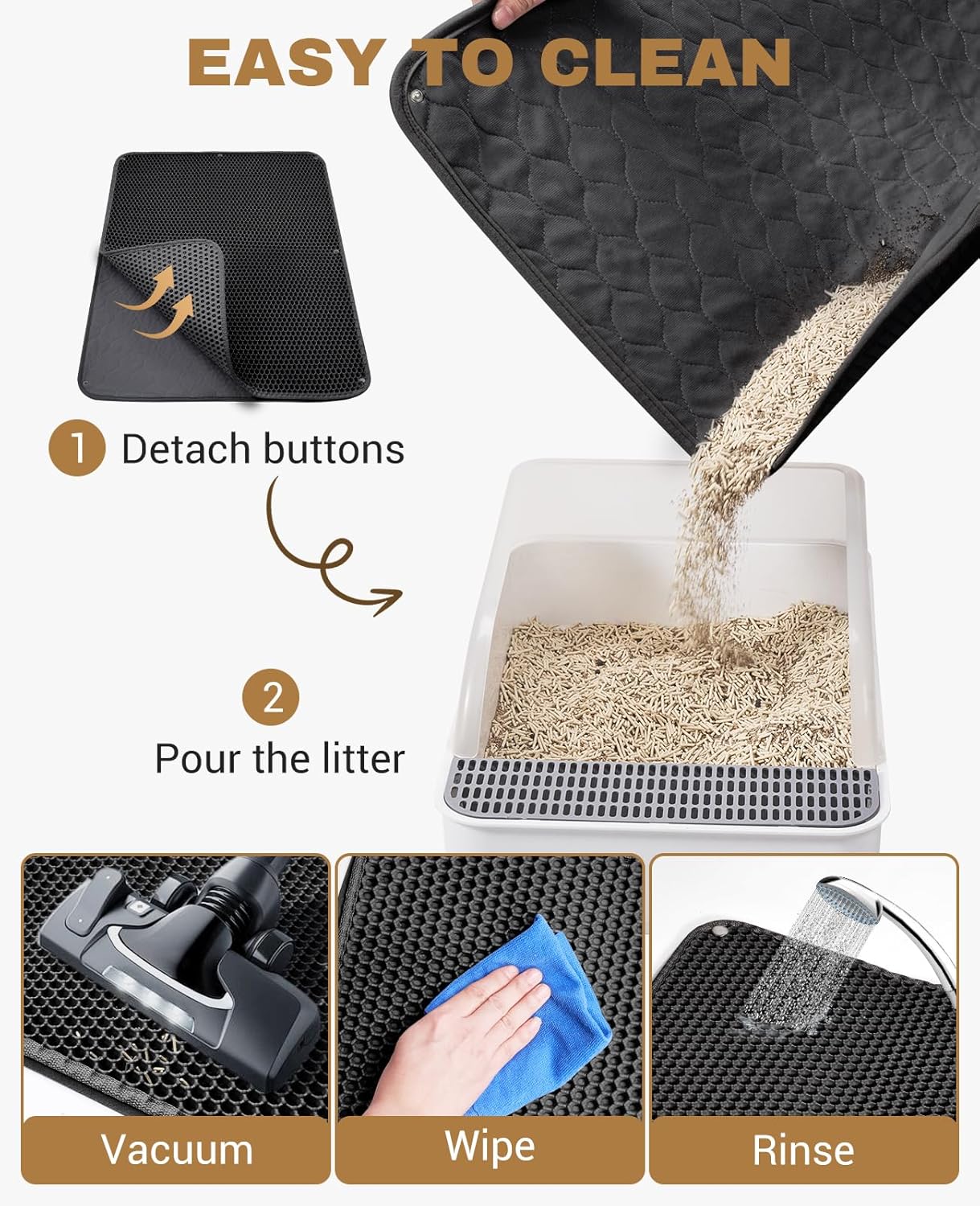 Fostanfly Cat Litter Mat, 45"x 27" Kitty Litter Trapping Mat, Extra Large XL Honeycomb Scatter Control, Urine & Waterproof, Machine Washable, Black