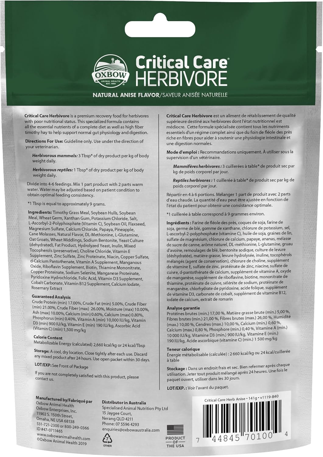Oxbow Critical Care Herbivore, Emergency Guinea Pig Food, Rabbit Food for Recovery, Natural Anise Flavor, Veterinary Formula, Critical Care for Guinea Pig Emergency Kit, 141 gram bag