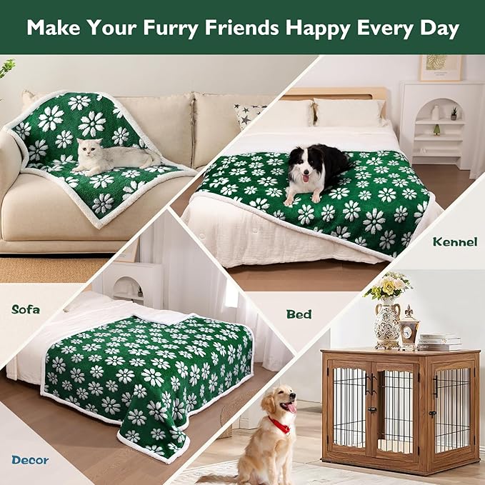 Waterproof Blanket for Dog Cat or Adult, Cute 3D Textured Flower Dog Blanket for Bed Couch Sofa, Soft Liquid Pee Proof Pet Furniture Protector, 50"x60", Green