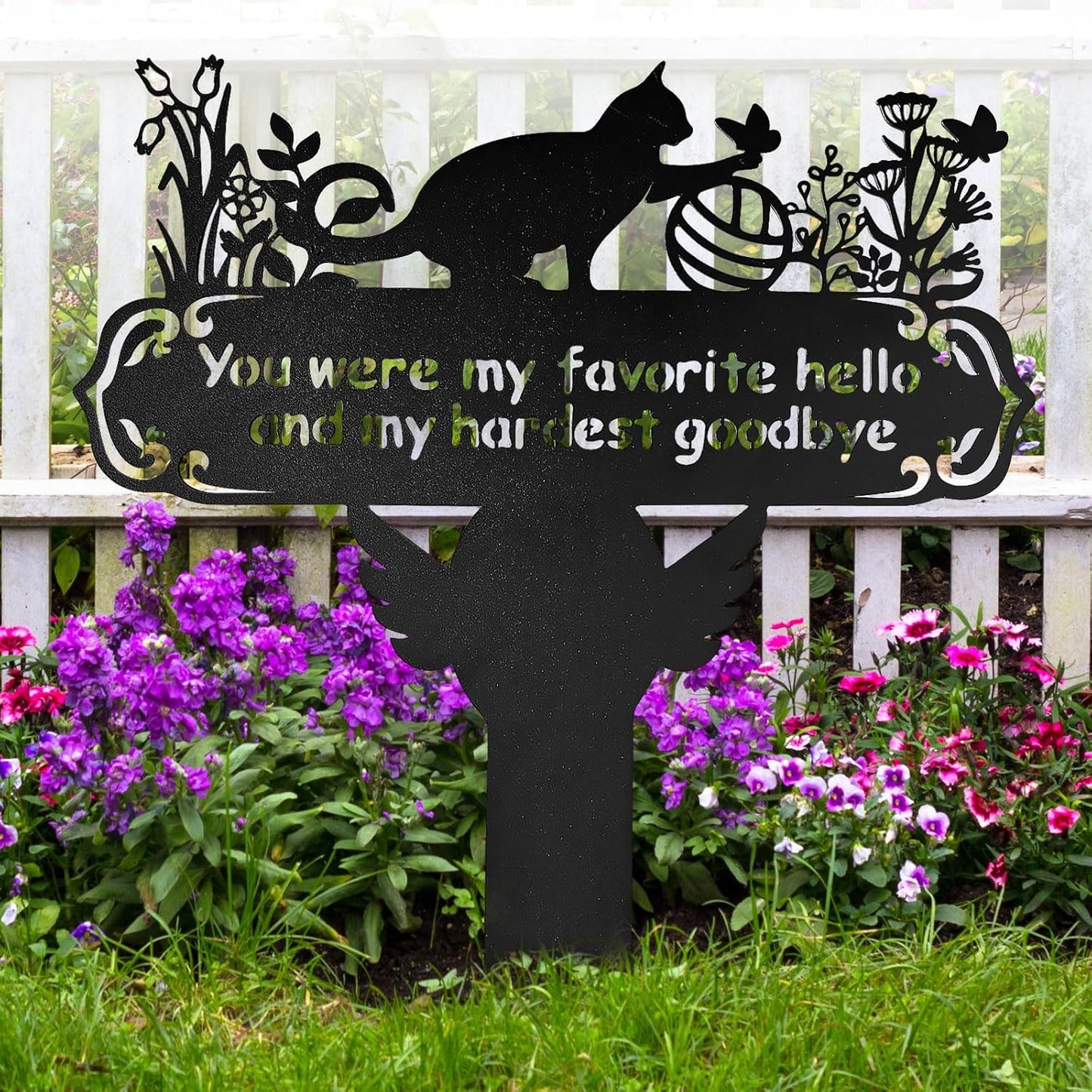 Pet Grave Markers Cat, 12"X 14" Metal Baked Enamel Cats Headstone Decorations for Cemetery, Waterproof Memorial Pets Stake Plaque for Outdoors, Lost Sympathy Tombstone Memorial Garden Sign Gift