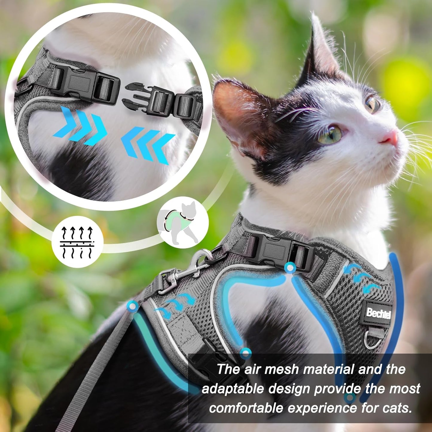 Cat Harness and Leash Set for Walking Escape Proof, Adjustable Soft Kittens Vest with Reflective Strip for Cats, Comfortable Outdoor Vest, Cat Car Leash, Grey, M