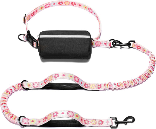 iYoShop Hands Free Dog Leash with Zipper Pouch, Dual Padded Handles and Durable Bungee for Walking, Jogging and Running Your Dog (Colorful Small Flower, Large)