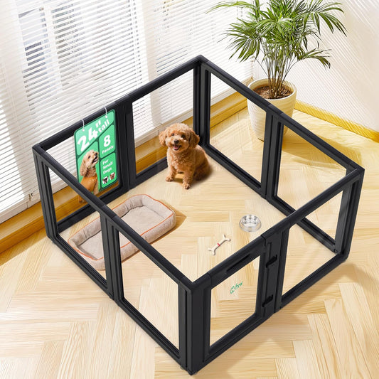 FXW AuraSpace Acrylic Indoor Unleashed Dog Playpen for Puppies and Small Dogs, 24 Inch, 8 Panels, Black