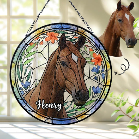 Lovely POD Personalized Horse Stained Glass Suncatcher with Photo, Custom Name Horse Ornament Window Hanging, Home Decor Gifts for Pet Day, Christmas, Memori, Sympathy Gift for Loss of Horse