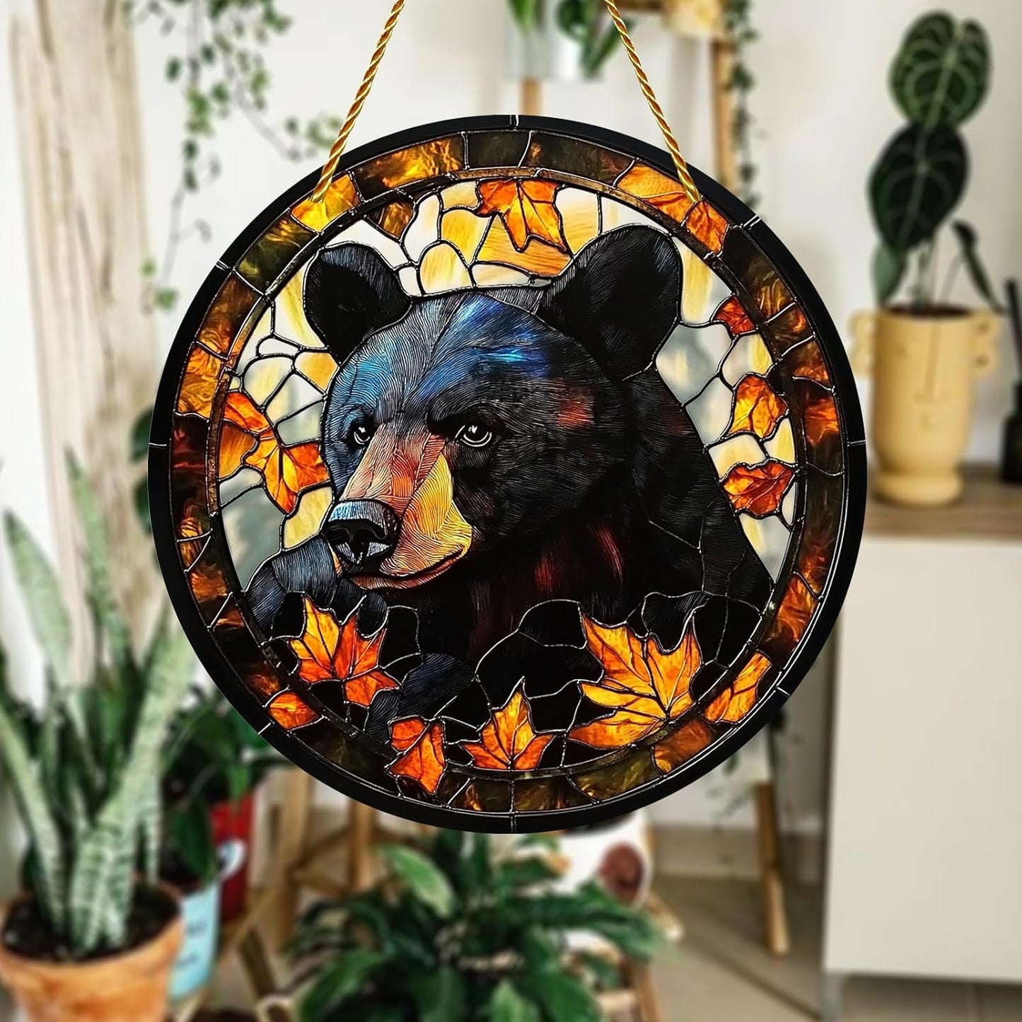 8x8 inch Charming Black Bear Autumn Acrylic Stained Glass Window Hanging Sun Catcher Decor Stained Panel Hangings Wall Art Decor, for Friends and Family (Black Bear)