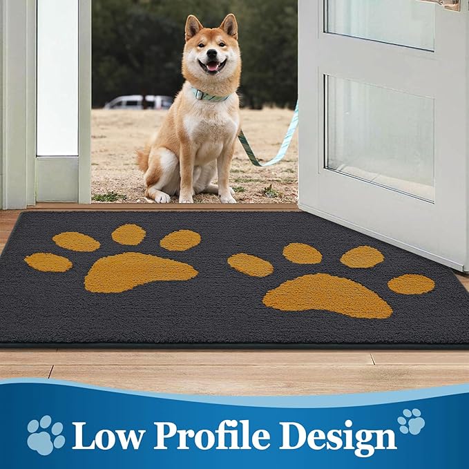 Buganda Dog Door Mat for Muddy Paws, Absorbent Dirt Trapper Washable Indoor Doormats, Non Slip Low-Profile Mud Mat for Dogs, Front Entrance Doormat for Inside Floor (36x24Inches,Dark Grey and Yellow)