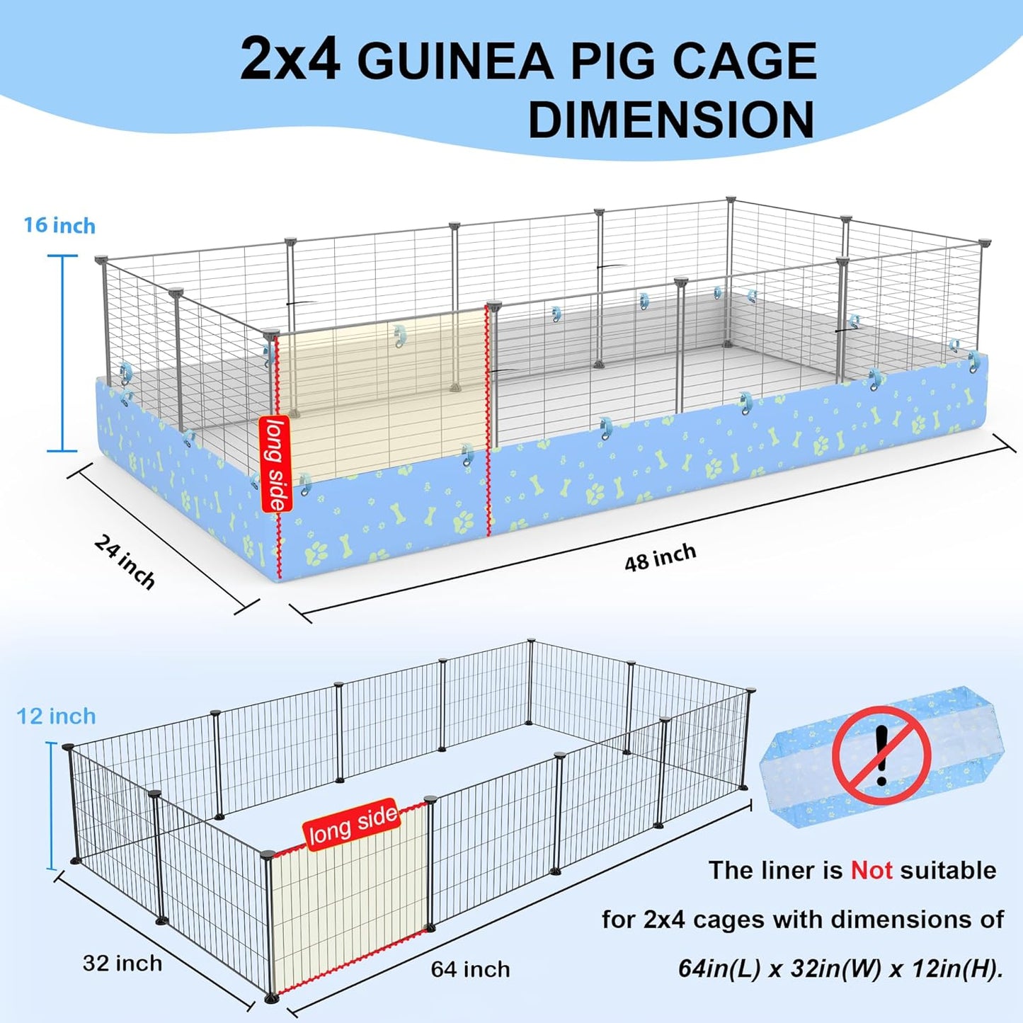 Guinea Pig Cages with Liner, 8-Sqft Small Animal Pet Playpen Indoor C&C Habitat Cage for Rabbit Puppy Hedgehog Outdoor Metal Yard Fence, 12 Panels (B011-07 cage&Liner)
