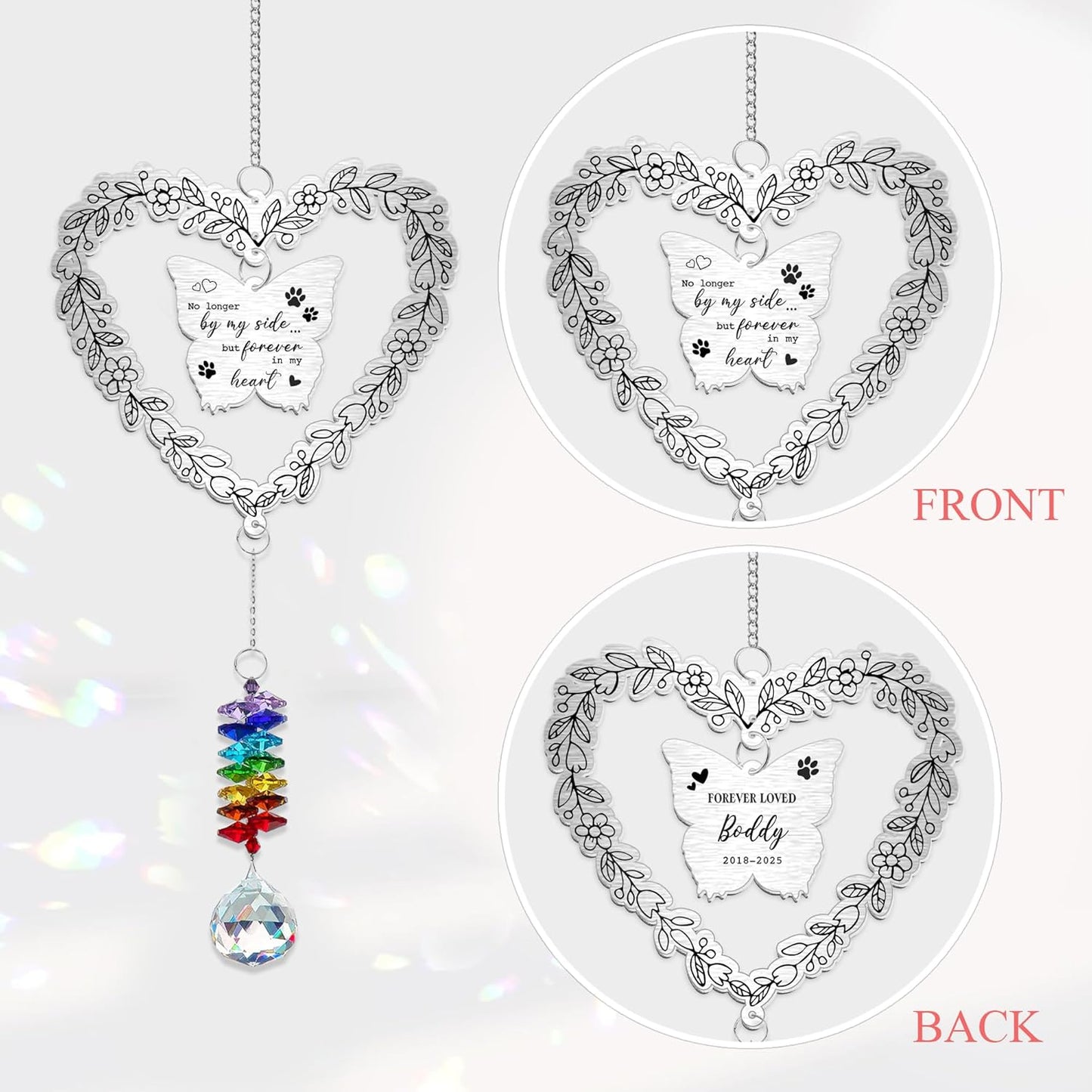 Personalized Dog Memorial Aluminum Suncatcher Ornament – No Longer by My Side but Forever in My Heart – Custom Dog Name Butterfly Pet Loss Gift, Rainbow Bridge Remembrance Decor
