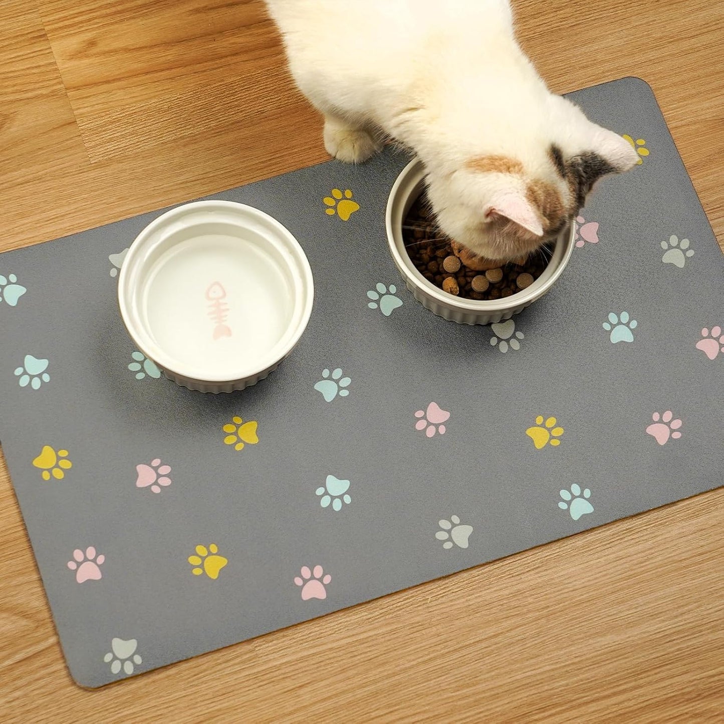 Cat Food Mat Absorbent Dog Mat for Food and Water Non Slip Quick Dry Dog Bowl Mats for Floors 19" X 12" Paw Light Gray