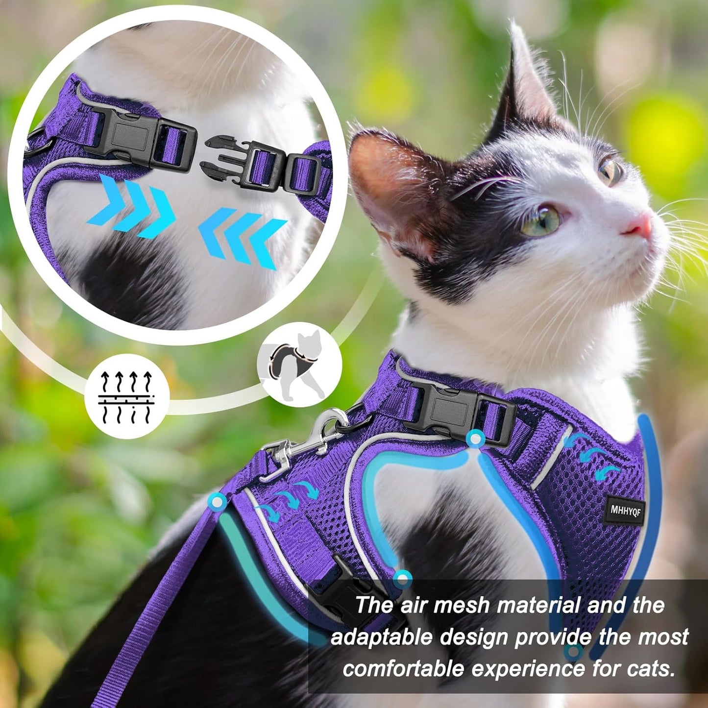 Cat Harness and Leash Set, Soft and Breathable Vest with Reflective Strip, Anti Escape Adjustable Cat Harness, Easy to Wear for Cats Walking and Traveling, Purple, M