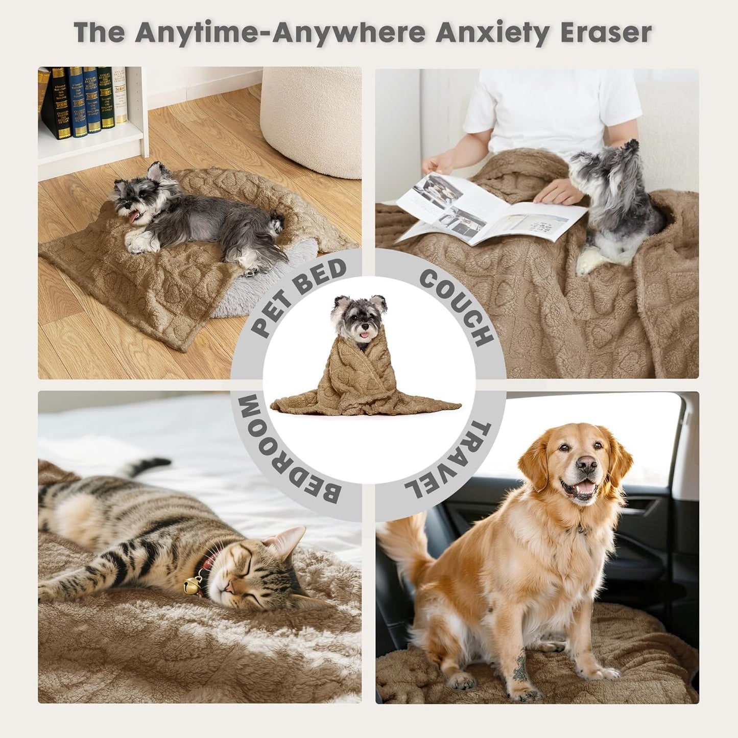 gogobunny Calming Plush Dog Cat Blanket 300GSM Coral Fleece, Ultra-Soft Machine Washable Pet Bedding for Small Medium Dogs Cats Puppies Kittens (Brown, 50x60)