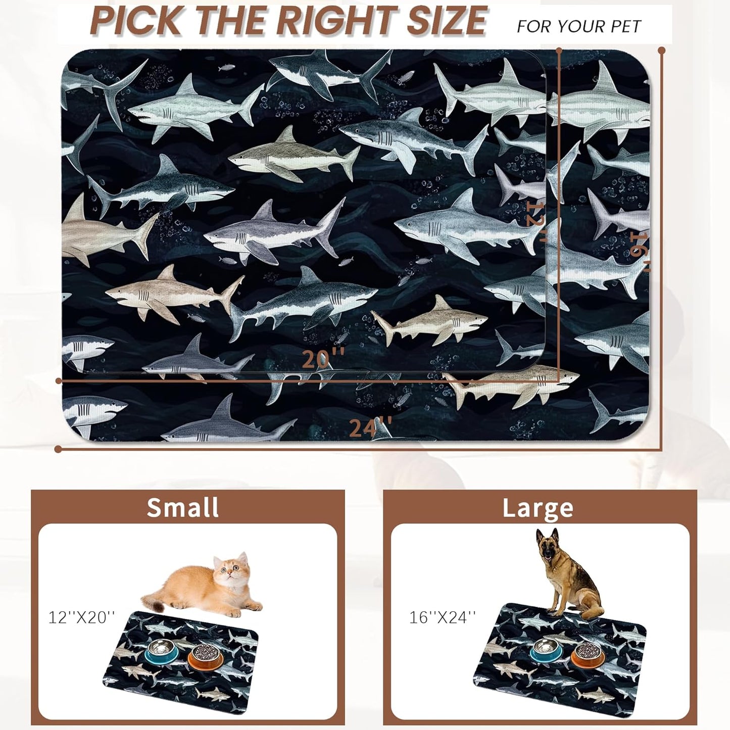Cute Shark Dog Cat Food Mat,Absorbent Pet Feeding Mat with Rubber Backing,Non-Slip Water Bowl Placemat,Indoor Pet Accessories Supplies 12"x20"
