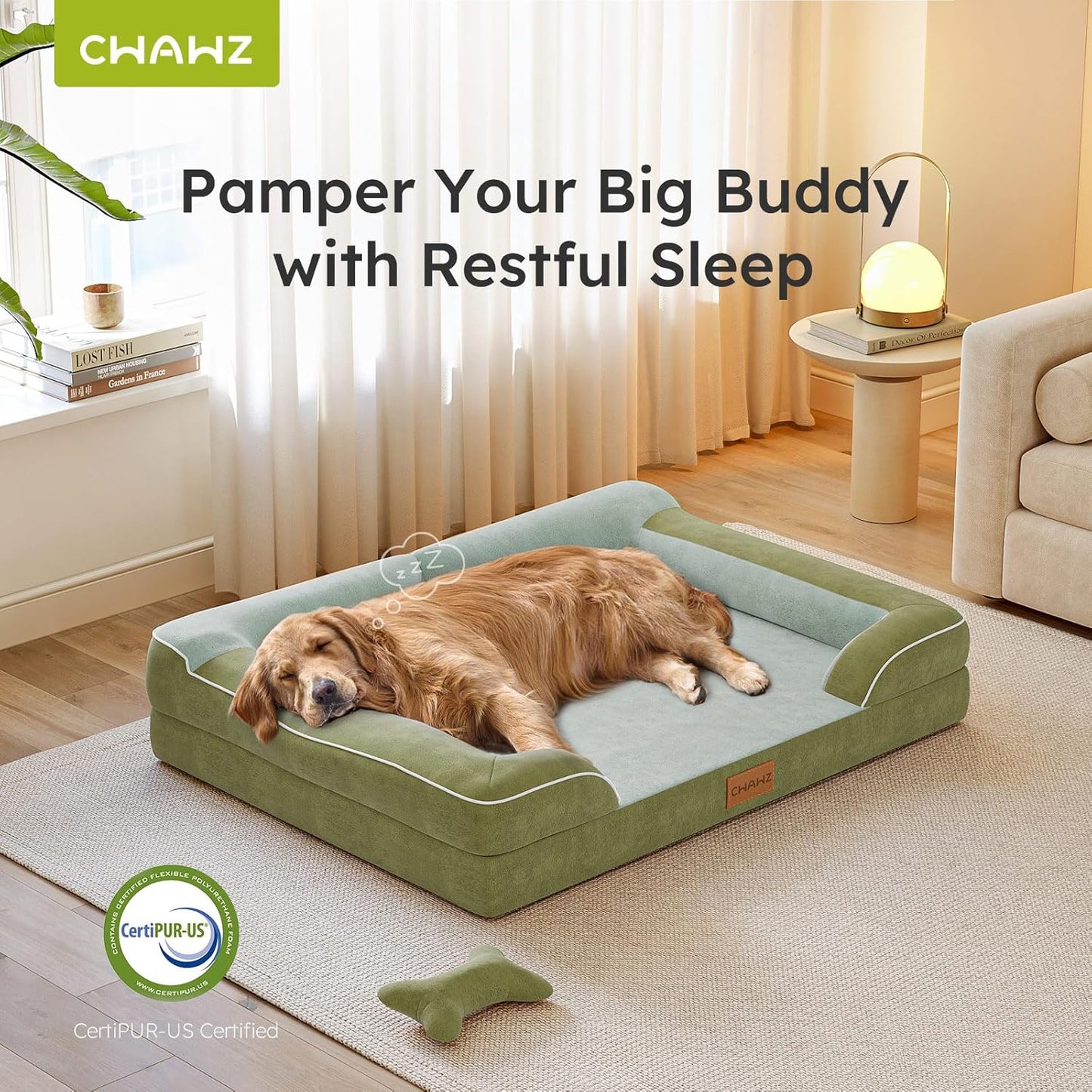 Extra Large Dog Bed, Orthopedic Dog Bed with Cooling Gel Memory Foam, Waterproof XL Pet Bed with Removable Washable Cover, 42" Pet Sofa Couch Dutch Velvet with Bone Toy, Dark Green