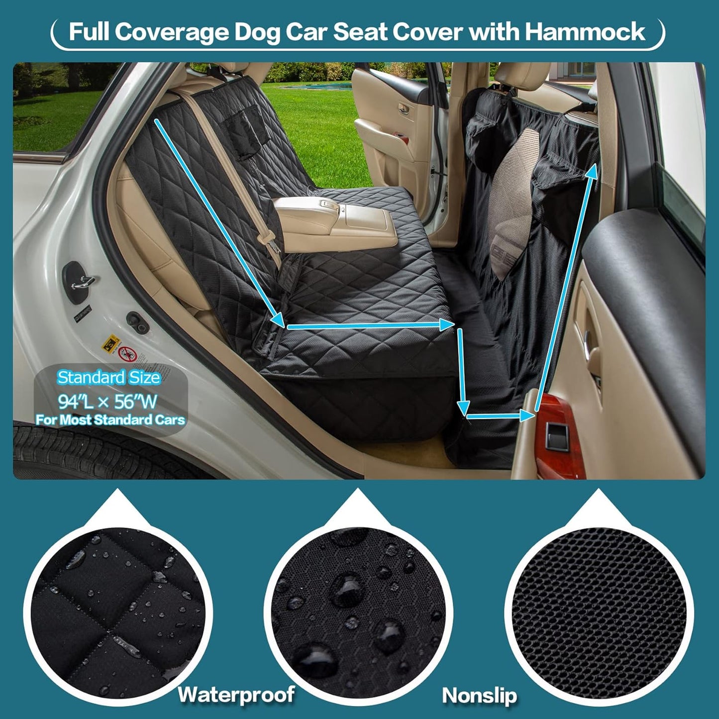 Car Seat Cover for Dogs All Covered Back Seat Cover with Mesh Window, Bench and Hammock Seat Cover Combination Detachable Pet Seat Cover Suitable for Most Vehicles (Black, Standard)
