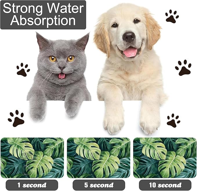 Tropical Palm Leaves Pet Feeding Mat-Quick Dry Absorbent Dog Cat Food Mat, Anti-Slip Water Bowl Mats for Messy Eaters-No Stains Indoor Pet Accessories 16"x24"