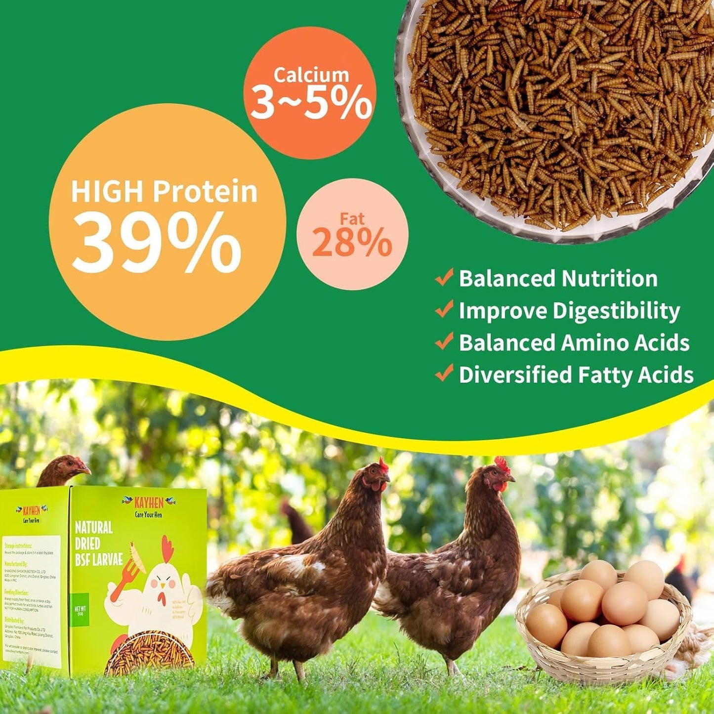 KAYHEN Dried Black Soldier Fly Larvae 10LB Non-GMO BSF Larvae for Chickens More Calcium Than Mealworms High-Protein Chickens Treats for Layer Hens Wild Birds Ducks