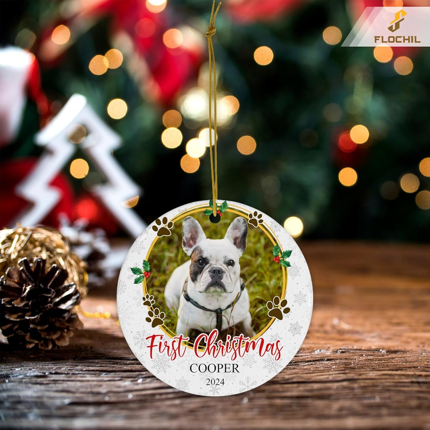 FLOCHIL Personalized Dog Christmas Ornaments, Custom Photo Name for Christmas Trees, Dog First Christmas Ornaments, Best Gifts for Pet Lovers