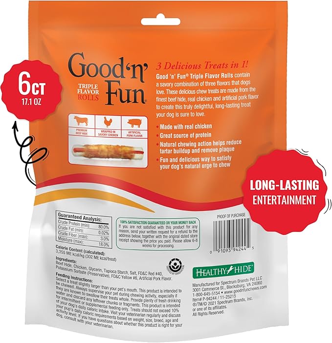Good ‘n’ Fun Triple Flavor Rolls for Large Dogs, Treat Your Dog to Long-Lasting Chews Made with Beef Hide, Chicken and Artificial Pork Flavor, 6 Count