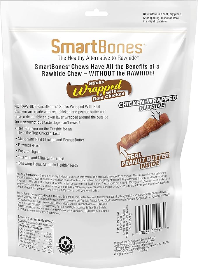 SmartBones Chicken-Wrapped Sticks, Treat Your Dog to a Rawhide-Free Chew Made With Real Chicken and Peanut Butter 8 Count (Pack of 1)
