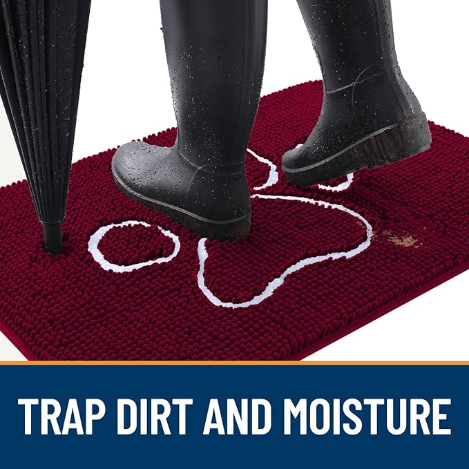 OLANLY Door Mat for Muddy Dog Paws 36x24, Ultra Absorbent Chenille Mud Doormat with Paw Print Design, Non-Slip Washable Doormat for Indoor Entryway, Quick-Dry Pet Bed Mats for Dirty Dogs, Burgundy