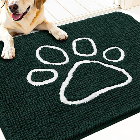 OLANLY Door Mat for Muddy Dog Paws 30x20, Absorbent Chenille Mud Doormat with Paw Print Design, Non-Slip Washable Doormat for Indoor Entryway, Quick-Dry Pet Bed Mats for Dirty Dogs, Blackish Green