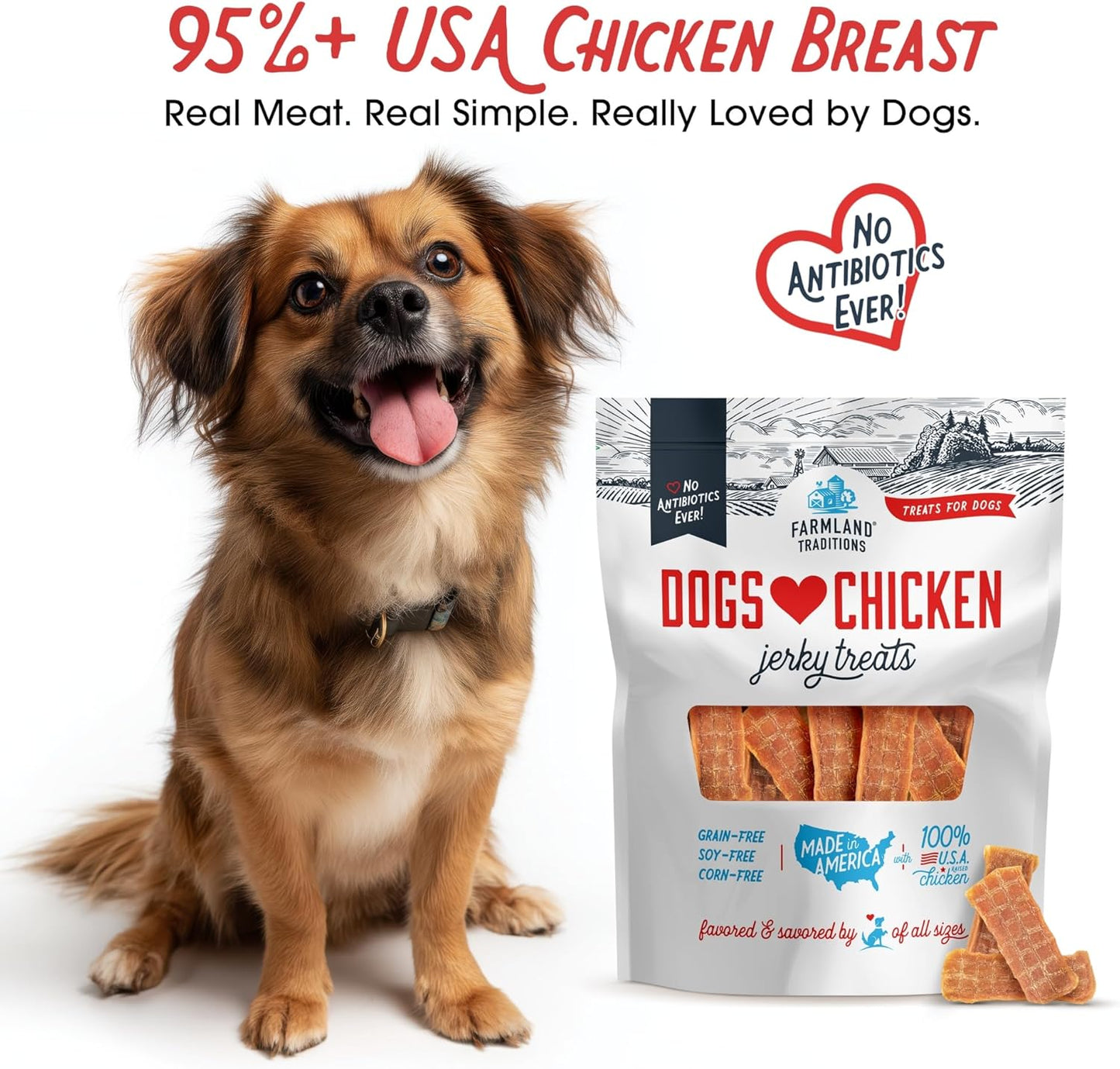 Farmland Traditions Dogs Love Chicken Jerky Dog Treats, Premium Two-Ingredient Dog Jerky with USA-Raised, Human-Grade Chicken & No Antibiotics Ever, 1-Pound Bag