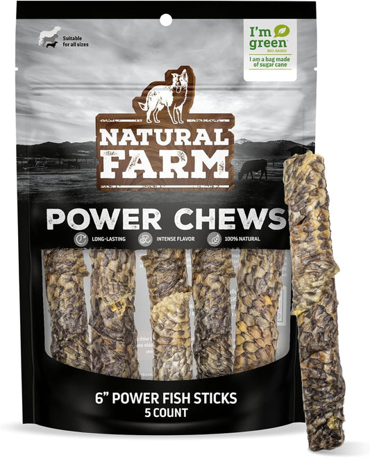 Natural Farm Power Fish Sticks Dog Chews (6”, 5-Pack), 2-in-1 Power Chews: Premium Beef Cheek Wrapped in Crunchy Tilapia Skin, Rich in Omega 3s, Long Lasting Protein Chew with Health Benefits