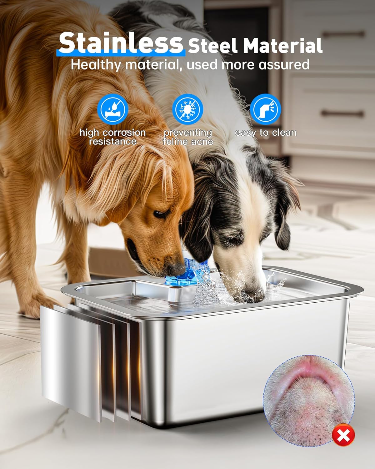 3 Gallon Large Dog Water Fountain - 11L Stainless Steel Pet Fountain with 4 Filters, Ultra Quiet Automatic Dog Water Bowl Dispenser for Extra Large & Multi-pet, Wide Drinking Area, Easy to Clean