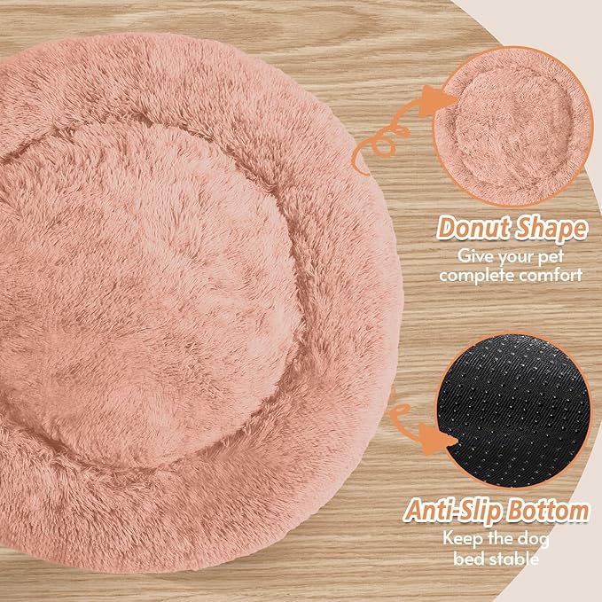 JOLLYVOGUE Medium Calming Dog Bed, Anti-Anxiety Donut Cuddler Cat Bed with Anti-Slip Bottom, Fluffy Faux Fur Machine Washable Pet Cushion for Medium Large Dog & Cat (31")