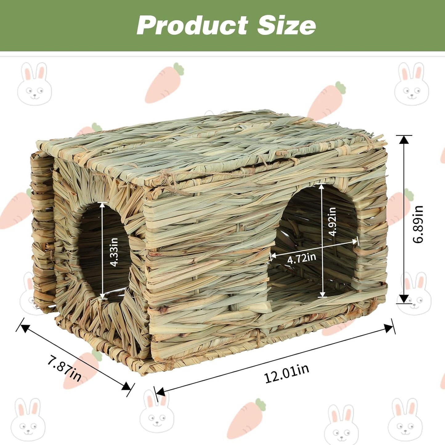 BWOGUE 2 Pack Grass Bunny House Natural Hand Woven Seagrass Hideaway Toy Hay Mat Chew Hut for Bunny Hamster Chinchilla Guinea Pigs Small Animals