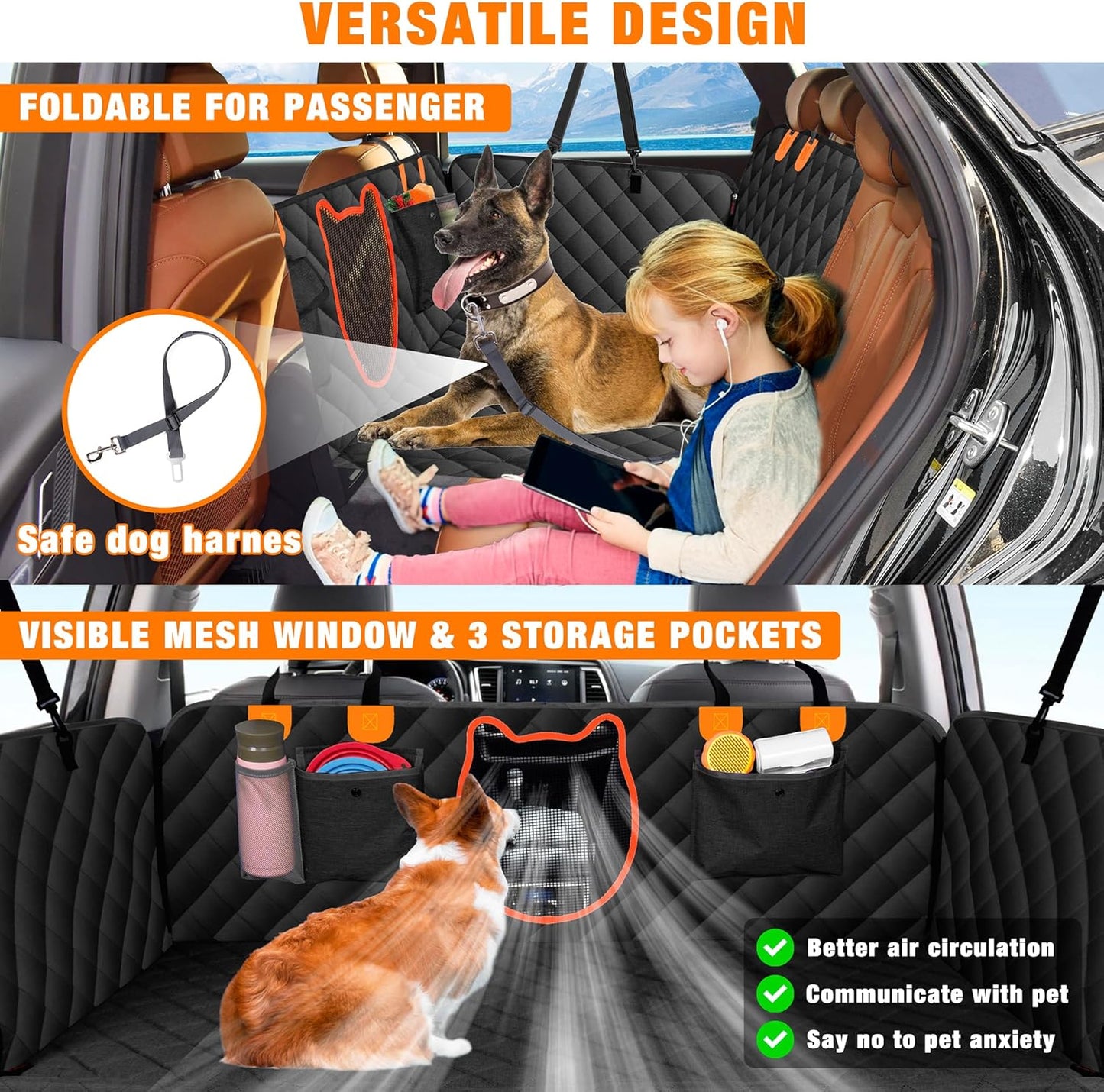 JXFUKAL Back Seat Extender for Dogs, Dog Car Seat Cover for Back Seat Waterproof Dog Hammock for Car with Hard Bottom Holds 400lbs, Pet Backseat Protector for Car, SUV & Truck