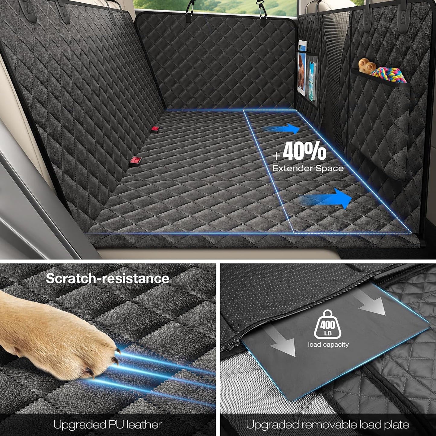 AsFrost Upgraded PU Leather Dog Car Seat Cover for Back Seat, Waterproof Scratchproof Back Seat Extender Protector with Hard Bottom for Dogs Travel Camping, Dog Hammock Bed for Cars SUVs Trucks-Black