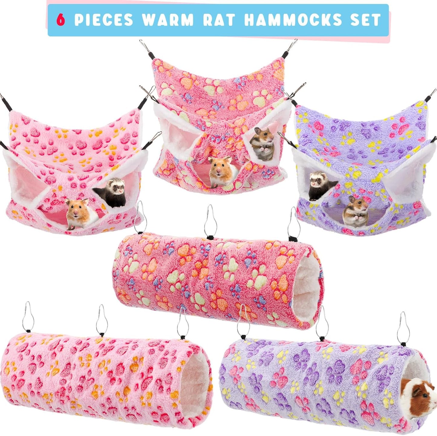 Sweetude 6 Pcs Rat Hammock Set Ferret Hanging Tunnel 3 Tier Guinea Pig Hammocks Hideout Soft Chinchilla Bed for Cage Accessories Hide,Play and Sleep(Dreamy,Paw)