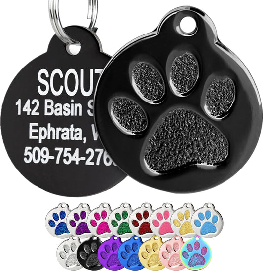 GoTags Paw Print Round Stainless Steel Pet Tag for Dogs and Cats, Personalized with 4 Lines of Custom Engraved ID Name and Number, in Stainless Steel and 15 Colors Small and Large, Black