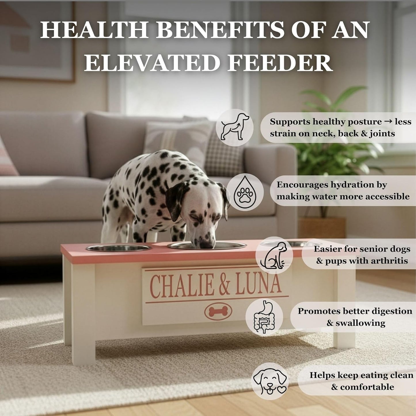 GrooveThis Woodshop - Personalized Elevated Triple Dog Bowl Stand for Large, Medium, Small, X-Small Dogs - 3 Stainless Steel Food and Water Bowls - Raised Dog Dish with Internal Storage (Medium, Grey)