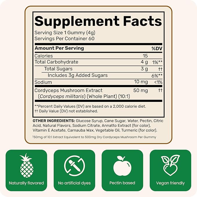Fungies Cordyceps Mushroom Gummies, Mango & Pineapple Flavor - Mushroom Herbal Supplement Gummy for Adults Supports Endurance, Energy & Performance - Caffeine-Free Energy Gummies - 60 Servings