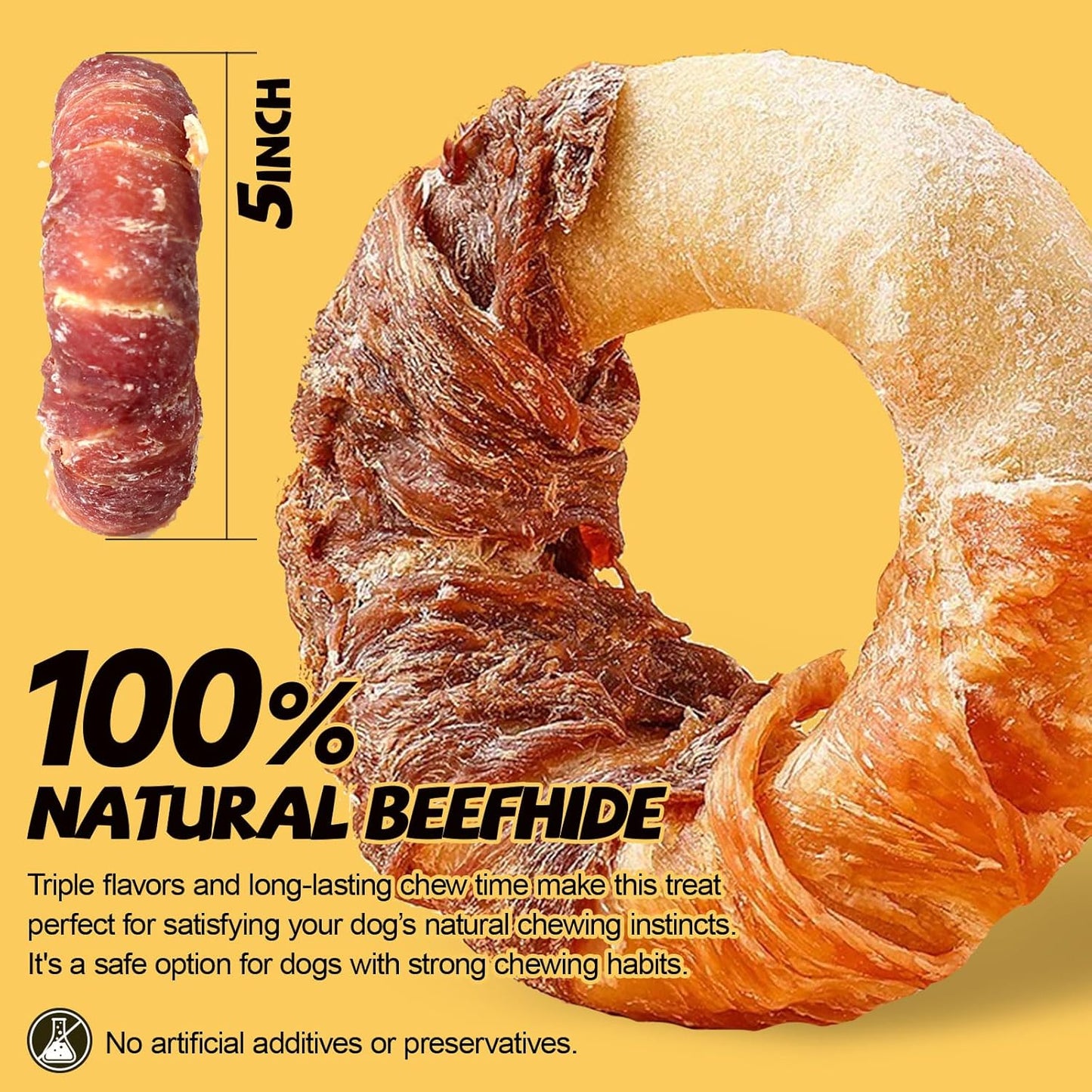 ASMPET Dog Treats Chews, Chicken & Duck Wrapped Rawhide Donuts Dental Care Chews for Small Medium Large Breed Aggressive Chewers (Pack of 4)