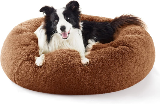 Bedsure Calming Dog Bed for Large Dogs - Donut Washable Large Pet Bed, 36 inches Anti-Slip Round Fluffy Plush Faux Fur Dog Bed, Fits up to 80 lbs Pets, Copper