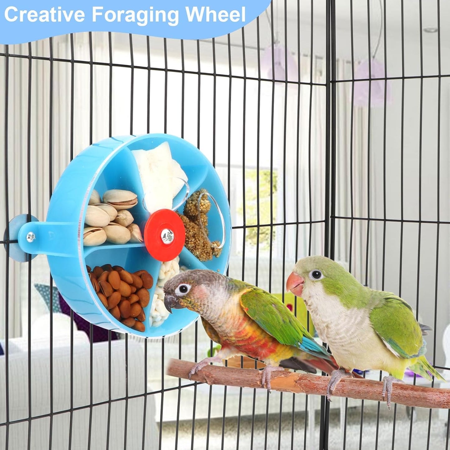 Bird Creative Foraging System Wheel Seed Food Ball Rotate Training Toy for Small and Medium Parrots Parakeet Cockatiel Conure (Blue)
