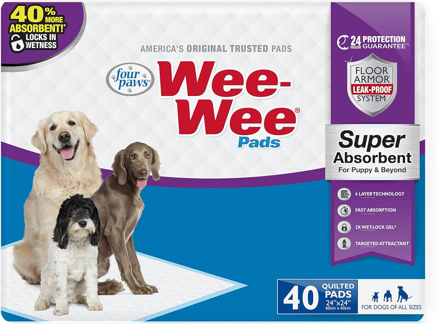 Four Paws Wee-Wee Super Absorbent Unscented Pee Pads for Dogs & Puppies with Insta-Rise Border, Leak-Proof Dog Housebreaking Potty Training Floor Protection, 24" x 24", 40 Count