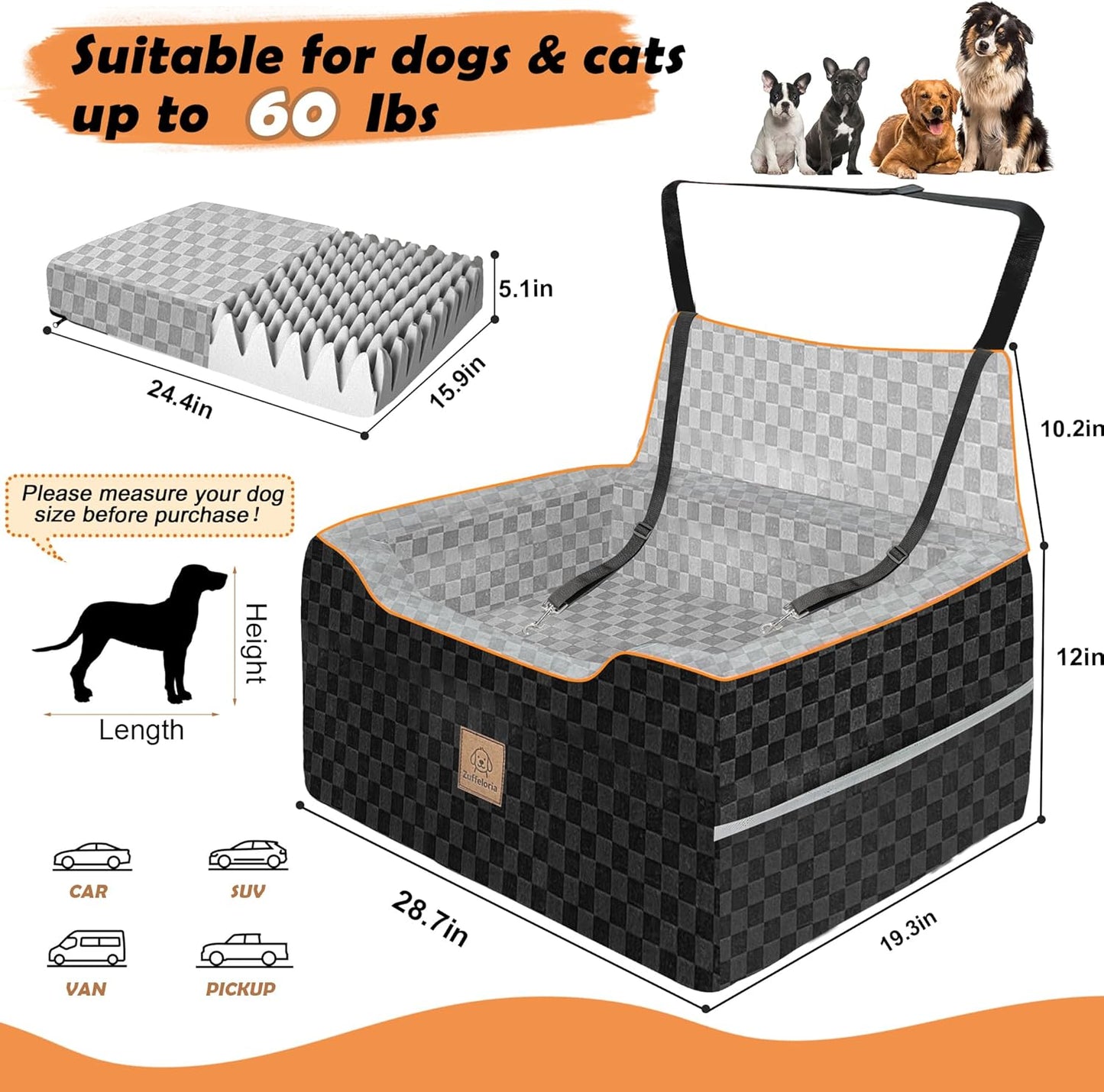 Large Dog Car Seat for Back Seat – Removable Dog Booster Seat & Washable Pet Car Seat for Medium & 2 Small Dogs up to 60lbs – Safety Straps & Storage Pocket – Travel & Home Use (Gray/Black)