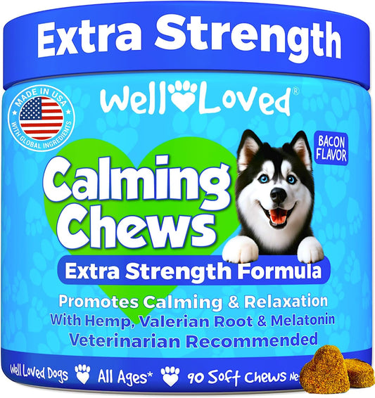 Calming Chews for Dogs - Dog Calm Treats, Made in USA, Vet Recommended, Behavior Support with Melatonin & Hemp, Stress, Separation, Fireworks, Travel, Extra Strength