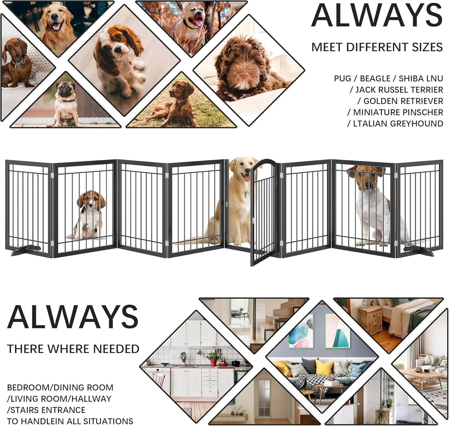 JSB 192-inch Extra Wide 30-inch Tall Dog gate with Door Walk Through,Full Matel Freestanding Pet Gate for Halls, Stairs & Home, Pet Puppy Safety Dog Fence with 4PCS Support Feet (Black)