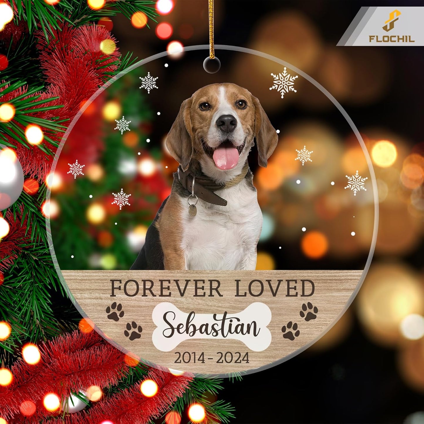 FLOCHIL Personalized Dog Memorial Christmas Ornaments, Custom Dog Christmas Ornaments with Name Photo, Pet Memorial Ornament, Gift for Pet Lovers