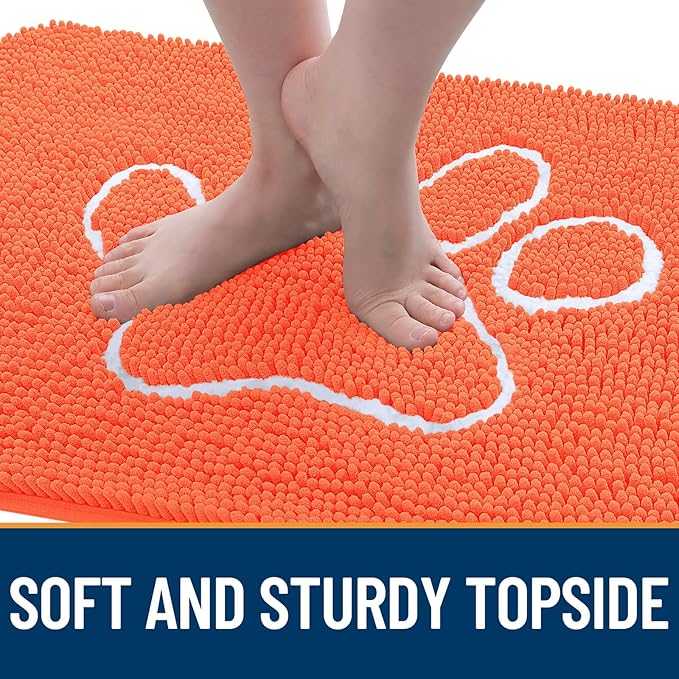 OLANLY Door Mat for Muddy Dog Paws 30x20, Ultra Absorbent Chenille Mud Doormat with Paw Print Design, Non-Slip Washable Doormat for Indoor Entryway, Quick-Dry Pet Bed Mats for Dirty Dogs, Coral
