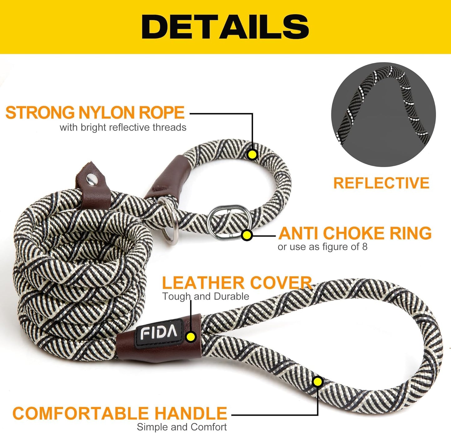 Fida Durable Slip Lead Dog Leash, 6 FT x 3/8" Heavy Duty Comfortable Strong Rope Slip Lead for Small Dogs and Puppies, No Pull Pet Training Leash with Highly Reflective(3/8", Grey)