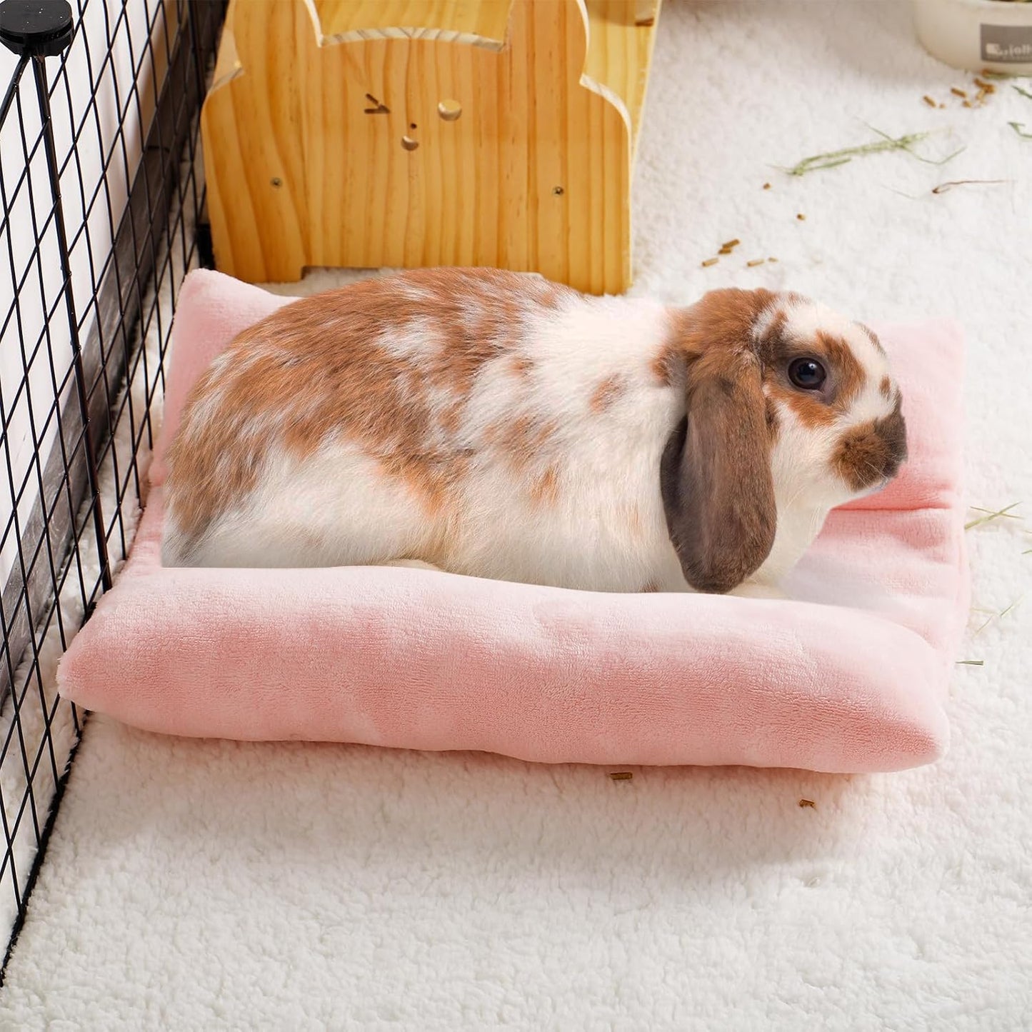MEWTOGO 15.7 x 14In Rabbit Bed, Thickened Soft Bunny Bed, Cuddle Cushion Plush Mat with Cotton Lounger Pillows, Small Pet Flop Mat for Cage Sleeping Indoor, Pink