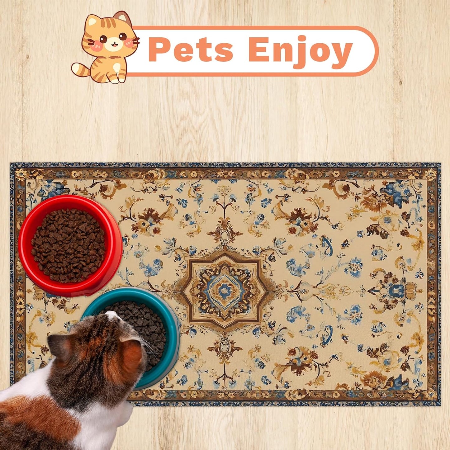 Pet Dog Cat Food Mat, Retro Pattern Pet Feeding Pad, 12 * 20 Inch Absorbent Dog Food Mat, Cat Dish Mat for Food and Water, Suitable for Dog Cat or Other Pets