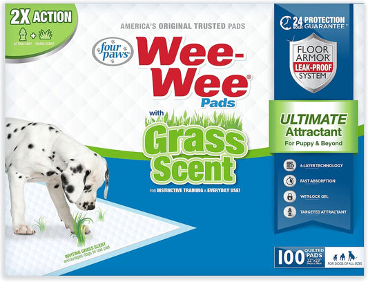 Four Paws Wee-Wee Ultimate Attractant Grass Scented Pee Pads for Dogs & Puppies, Leak-Proof Dog Housebreaking Instinctive Potty Training Floor Protection, 22" x 23", 100 Count